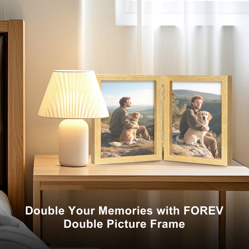 Forev 8x10 Double Picture Frame Wooden Hinged Photo Frame Definition Glass Stand Vertically on Desktop or Tabletop Gold - Image 2